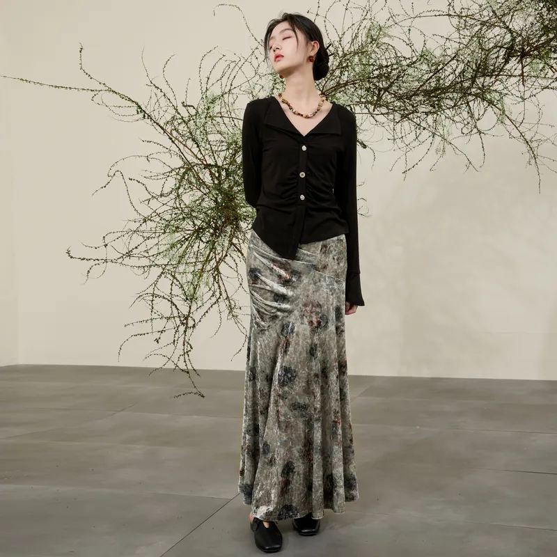 3COLOUR Casual Long Skirt Women's Green Beige Floral-3