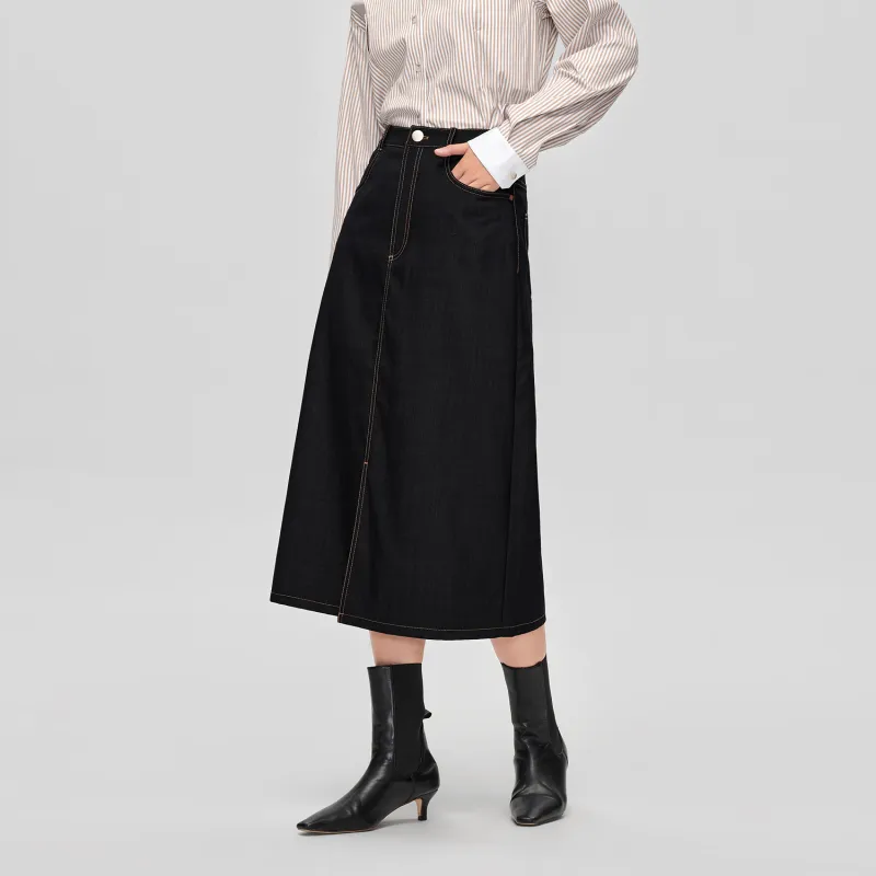 OVV Casual Long Skirts Women's Navy Blue Solid Color A9-2