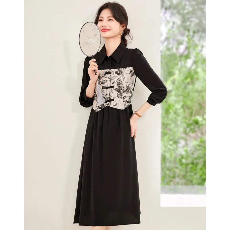 Like The Age Of Water Long Sleeved Dress Slim Fit Women's Black-2