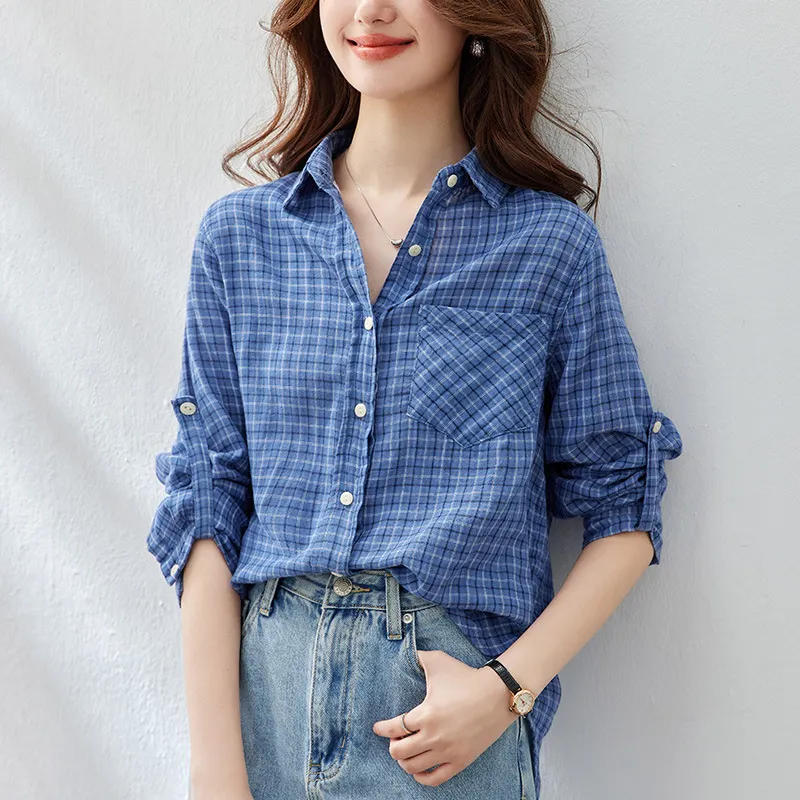 ONE SHALLOW Shirt Women's Small Blue Plaid-3