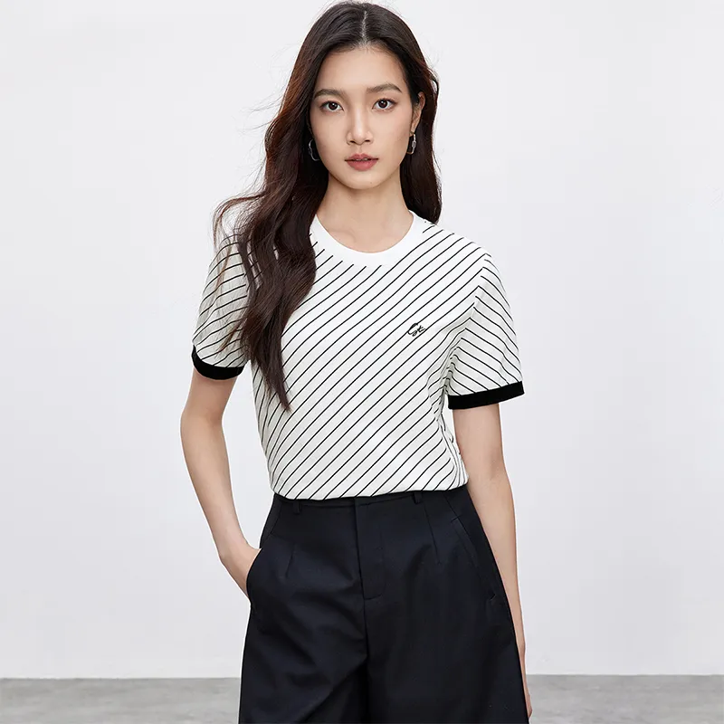 SENTUBILA T Shirts Women's White Base Black Stripes-2