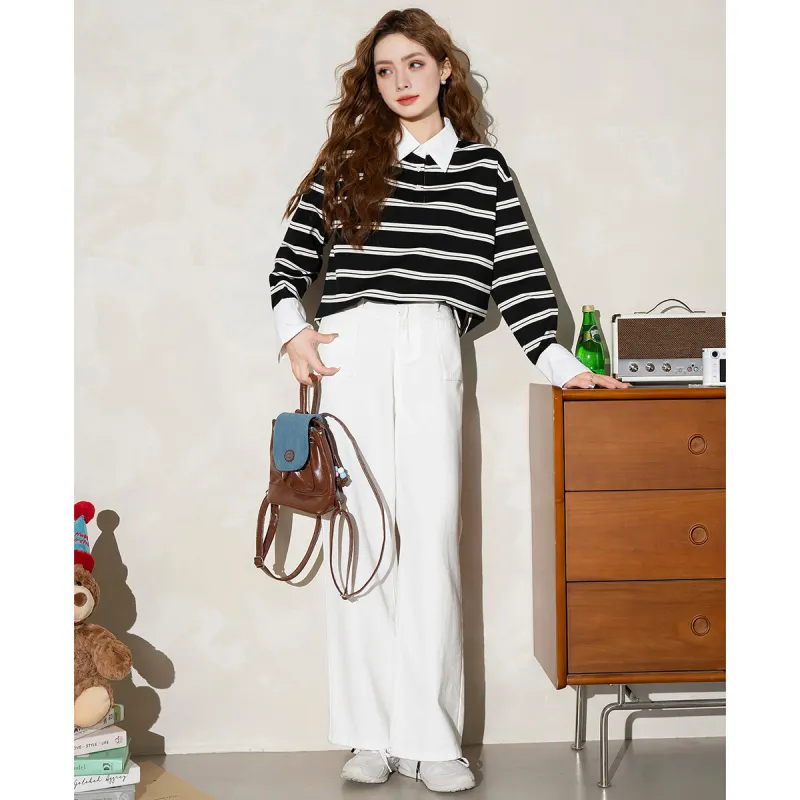 FAWENXIANGZI Polo Shirt Women's Black White Stripes-3