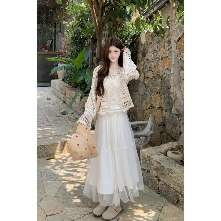 SNZX Two Piece Skirt Sets Women's Clothing Set Apricot Cover Up+White Skirt-4