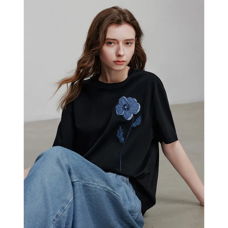 Initial Language Drop Shoulder Sleeve T Shirt Women's-5