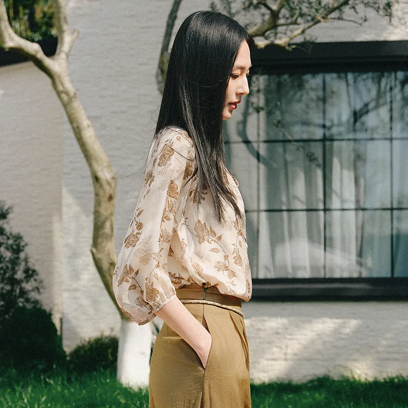 JZ. ANNAKRO Chiffon Shirt Women's Floral Apricot-4