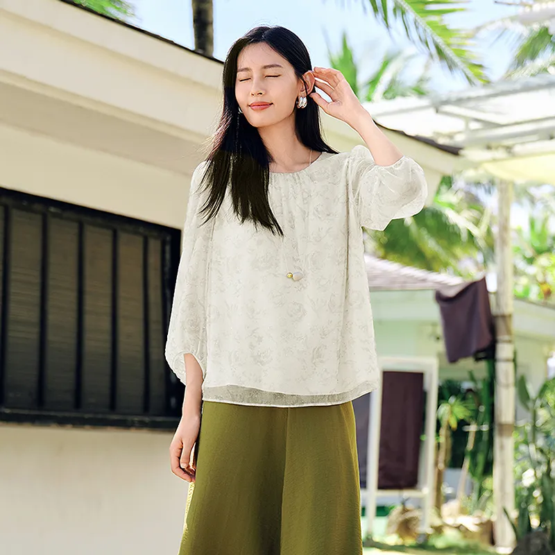 JZ. ANNAKRO Chiffon Shirt Women's Floral Light Beige-5
