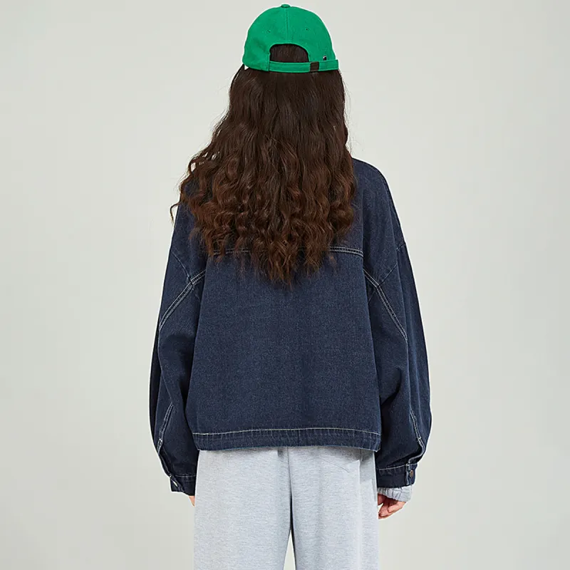 MUGUOGUOMU Denim Jacket Women's Dark Denim Blue-2