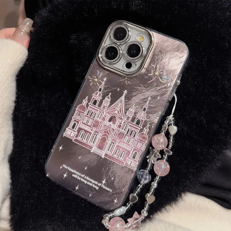 QIZHENG ABS+PC Material Girlish Smoke Castle With Chain Phone Case Compatible With Apple 16 Pro Max/15/14/13/12/11-6