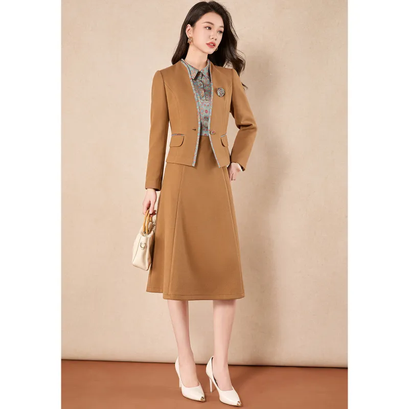 Mylan Spring Fall Skirt Set Cinched Waist Women's Khaki-5