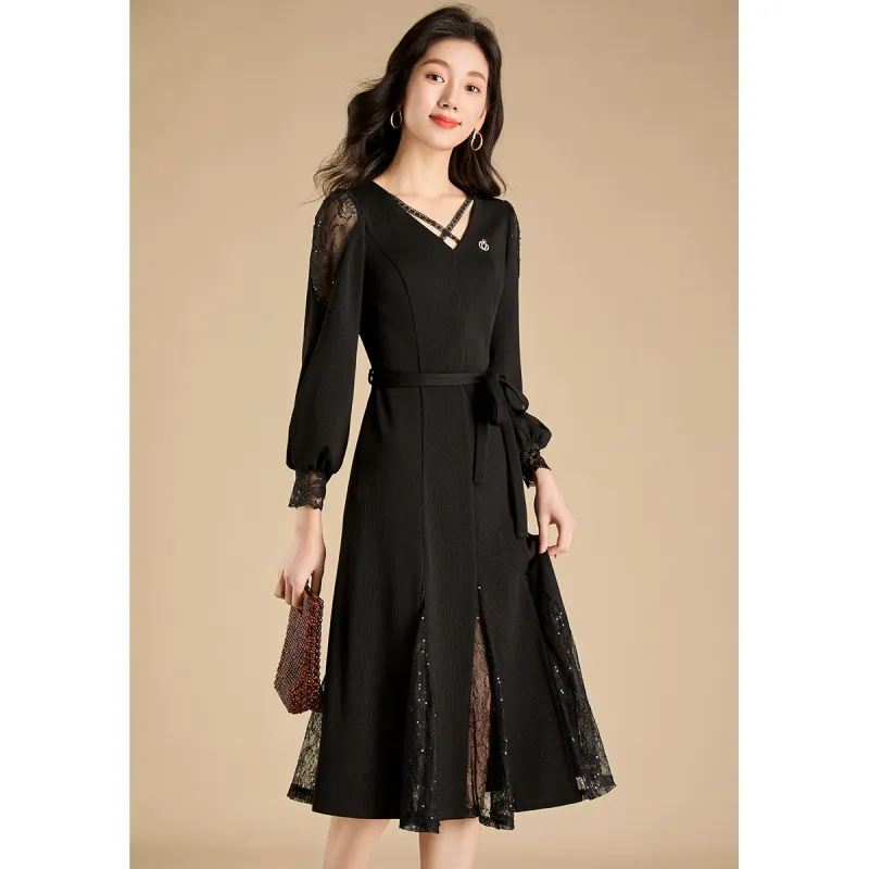 Mylan Spring, Fall Long Sleeved Dress Cinched Waist Women's Black Collection Brand, Get Activity Alerts In Real Time-5