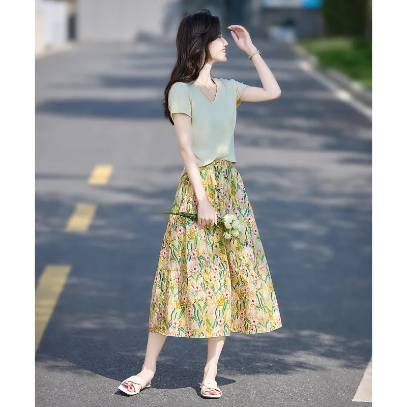 Still quiet Two Piece Skirt Sets Women's Apricot/Multicolor-5