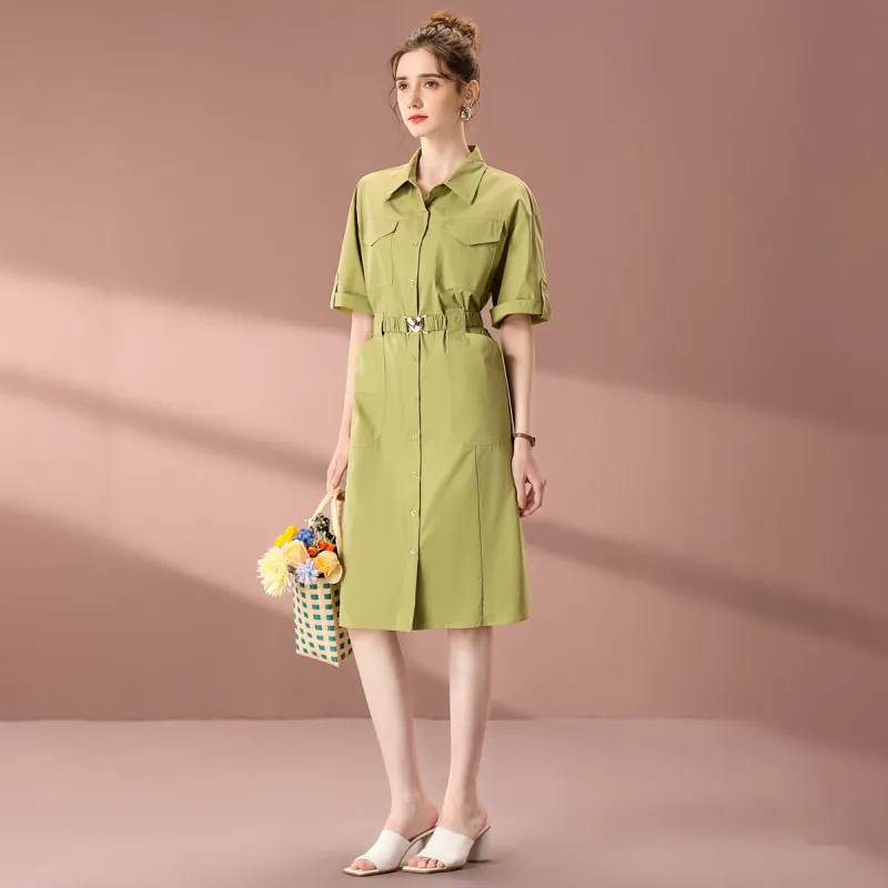 FENHONGMALI Short Sleeved Dresses Women's Green-0