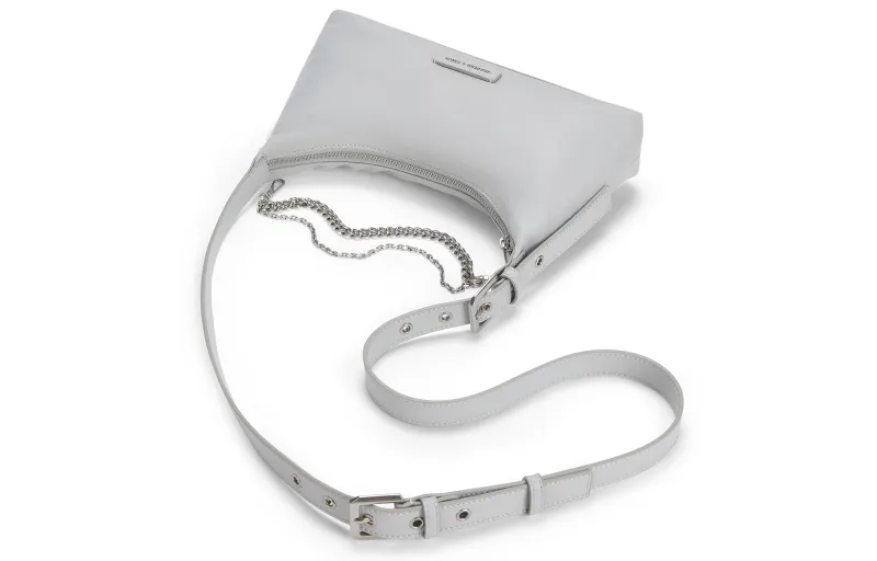 CHARLES&KEITH PU, Textile Mixture Shoulder Bag Small Size Women's Noir Black/Light Gray-2