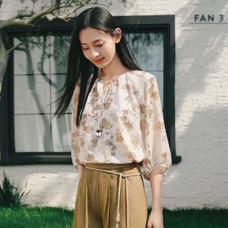 JZ. ANNAKRO Chiffon Shirt Women's Floral Apricot-5