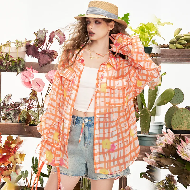 ELF SACK Chiffon Shirts Women's Floral Orange Plaid-2