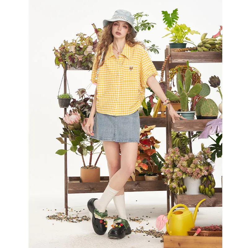 ELF SACK Shirts Women's Pastoral Yellow White Plaid-5