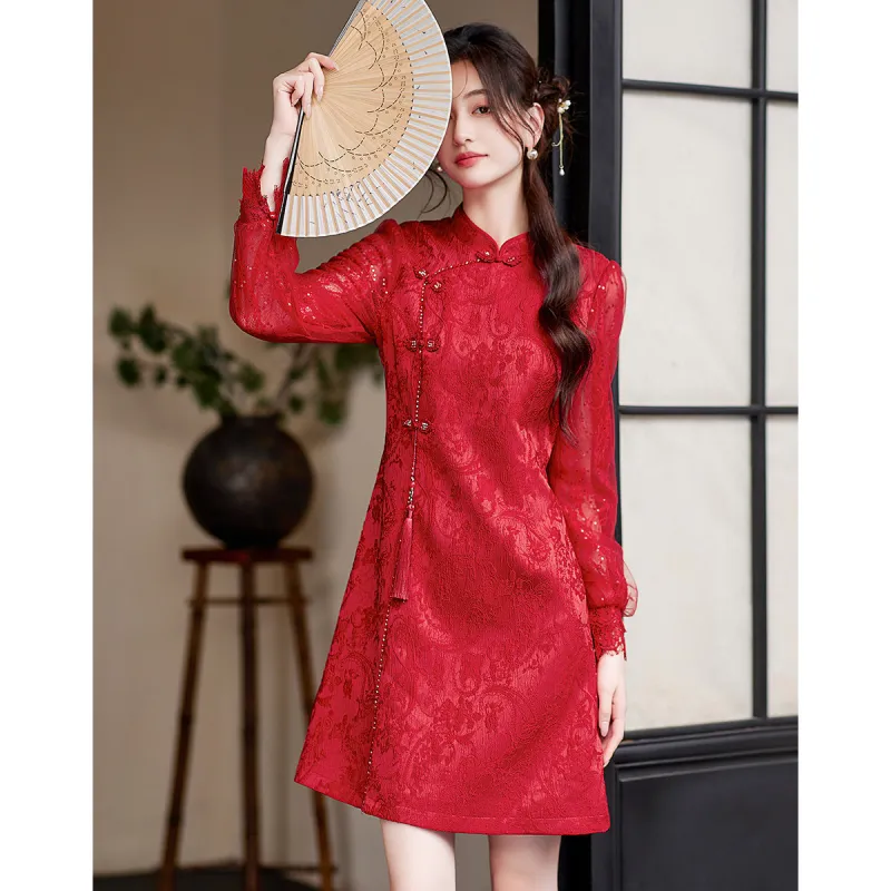 Like The Age Of Water Short Sleeved Dress Loose Fit Women's Red-0