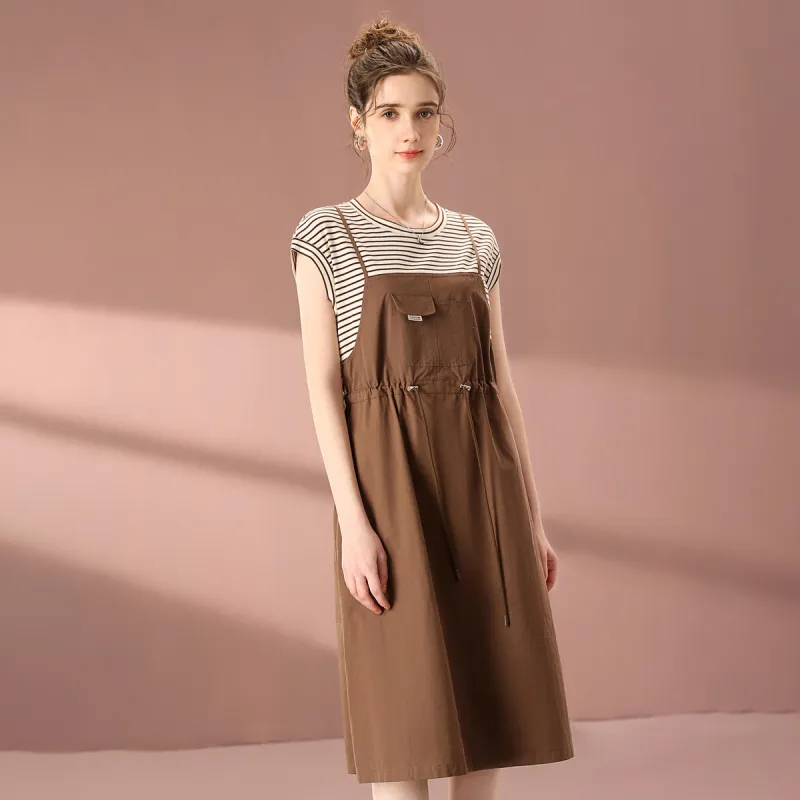FENHONGMALI 2025 Summer Short Sleeved Dress Cinched Waist Women's Coffee-1