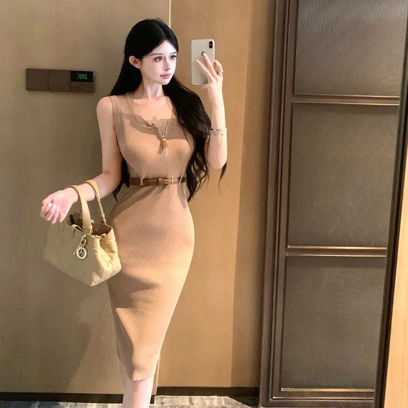SNZX Sleeveless Dresses Women's Khaki With Belt-1