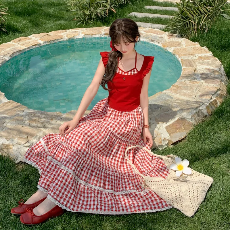 SNBL Casual Long Skirts Women's Red-4