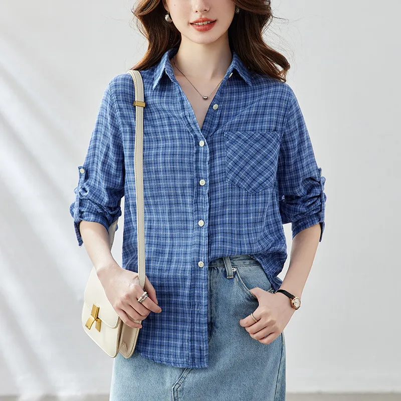 ONE SHALLOW Shirt Women's Small Blue Plaid-2