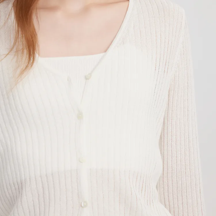 ELLE French Minimalist Style Lightweight V Neck Knitted Fabric Cardigan Women's-12