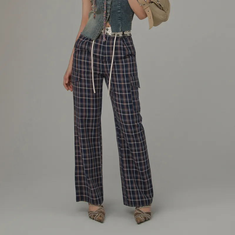CHUU Casual Pants Women's Navy Blue Plaid-2