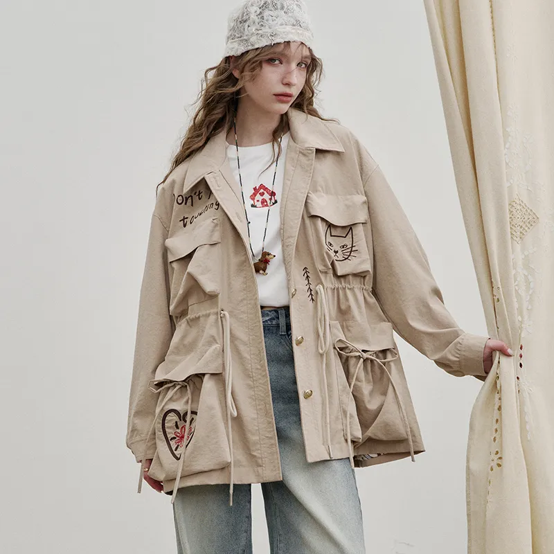 ELF SACK Cropped Coats Women's Khaki Cat-1