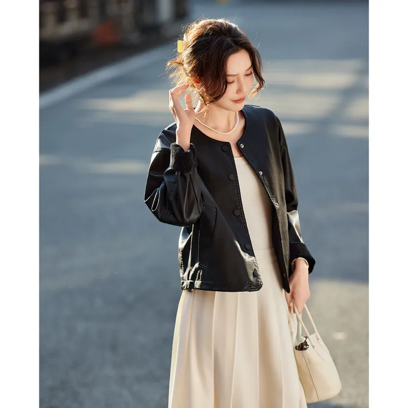 TERRE BLEUE Spring, Fall Leather Jacket Loose Fit Women's-3