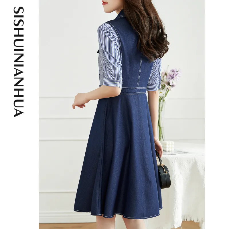 Like The Age Of Water Short Sleeved Dress Women's Denim Blue-4