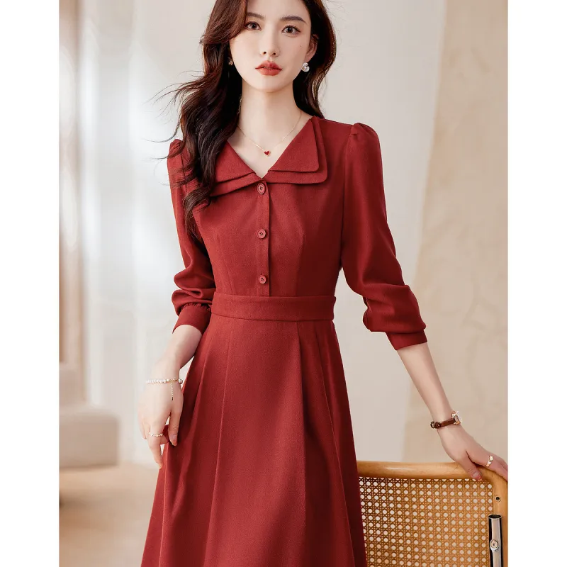 Like The Age Of Water Fall, Winter Long Sleeved Dress Slim Fit Women's Red-1