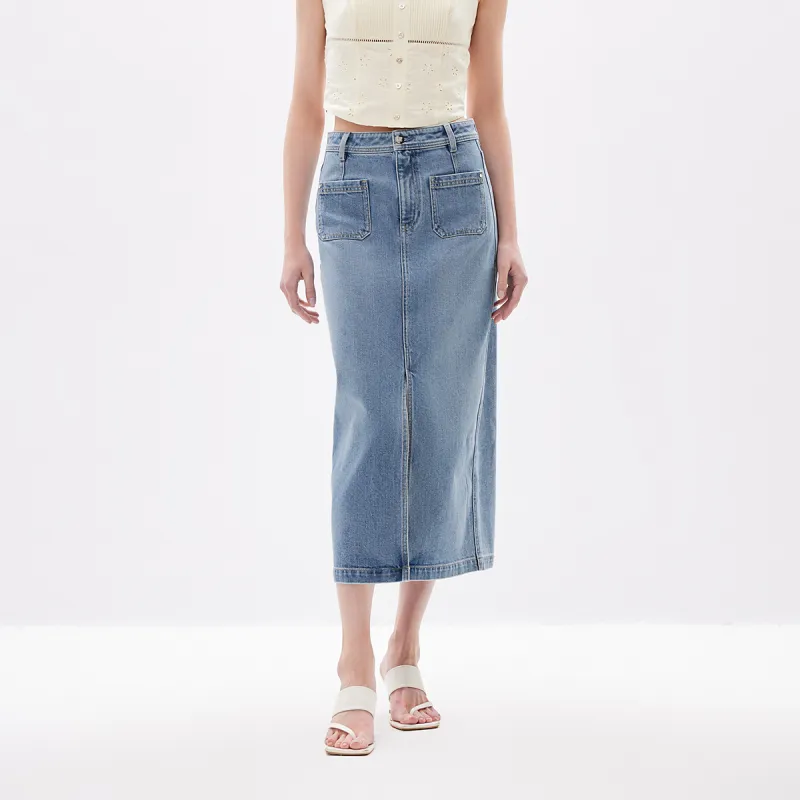 ONLY Denim Long Skirts Women's Washed Denim Blue-2