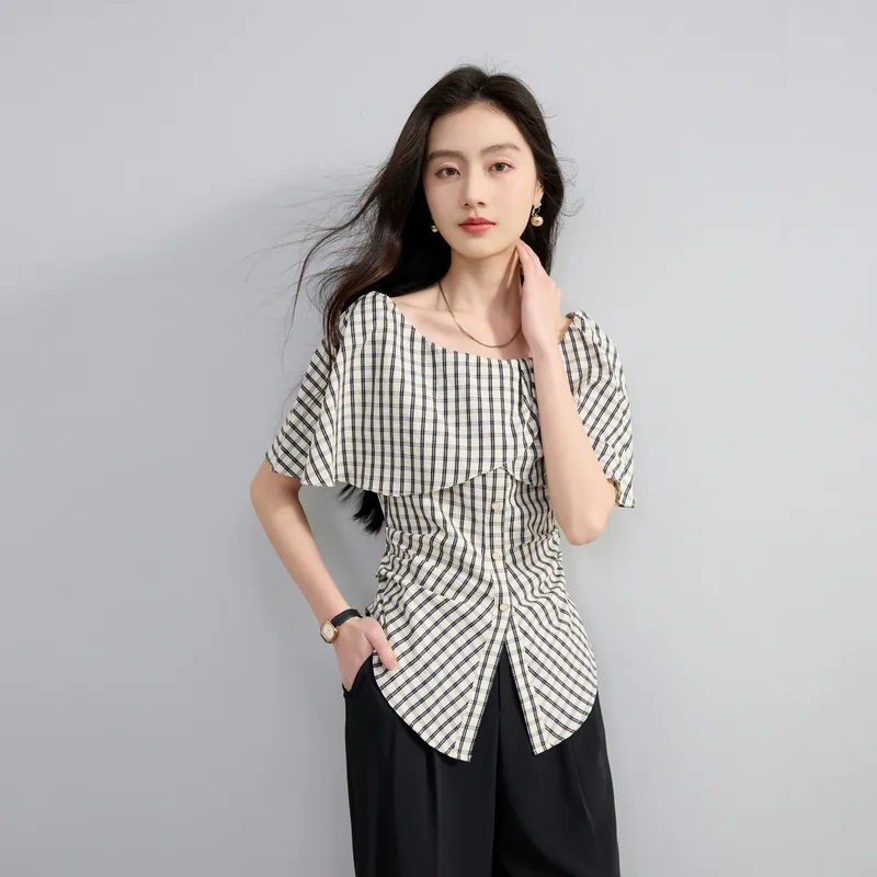 3COLOUR Chiffon Shirt Women's Black Rice Plaid-2