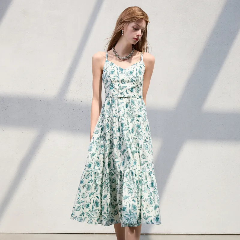 3COLOUR Sleeveless Dress Women's Green Beige Floral-3