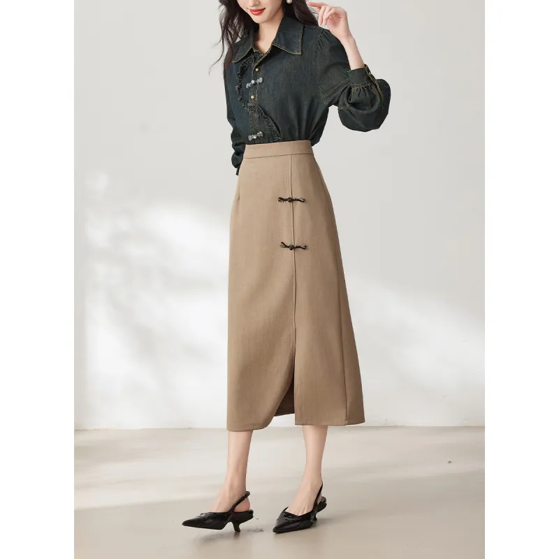 Like The Age Of Water Spring Summer Fall Long Sleeved Dresses Straight Women's Khaki-5
