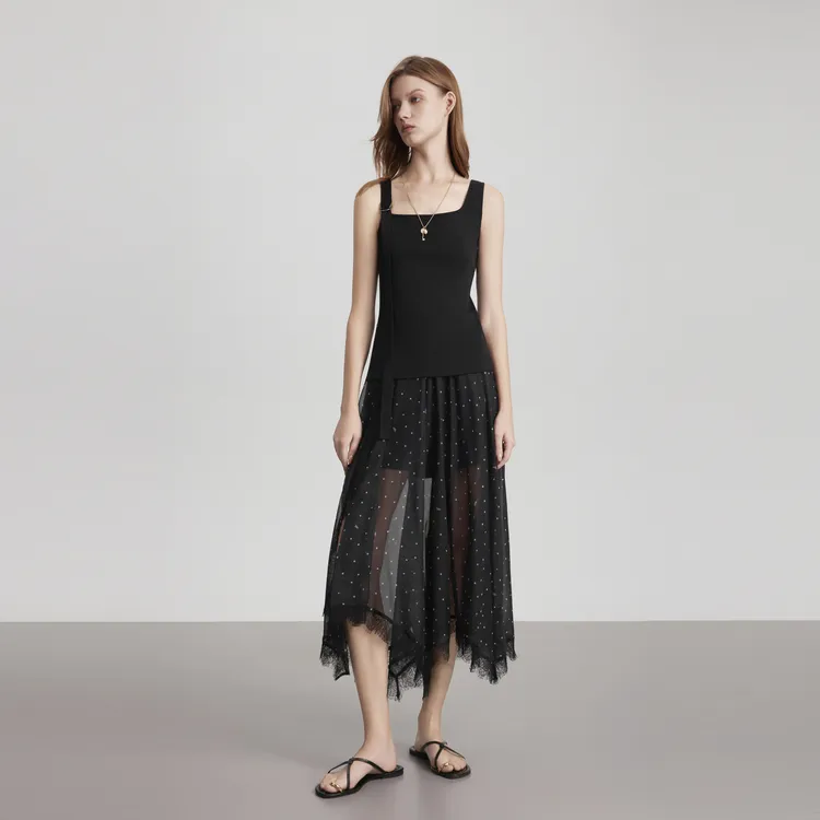 ELLE Casual Long Skirts Women's Black White-3