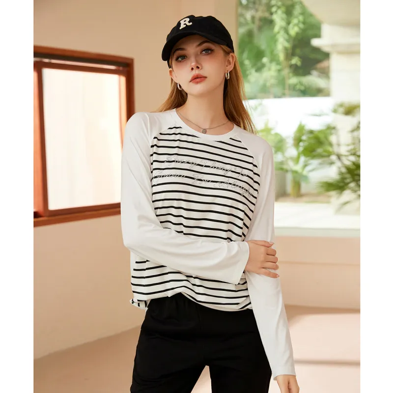 FAWENXIANGZI T Shirt Women's Ecru/Black Stripe-2