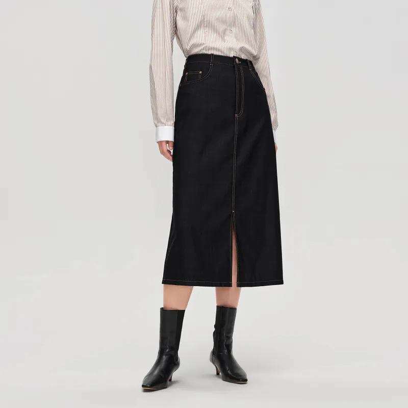 OVV Casual Long Skirts Women's Navy Blue Solid Color A9-4