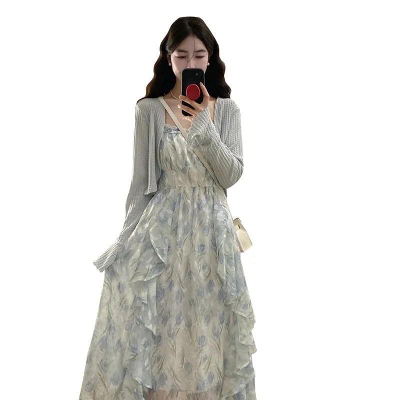 XIANSINIAO Two Piece Skirt Sets Women's Blue Cardigan+Dress-3