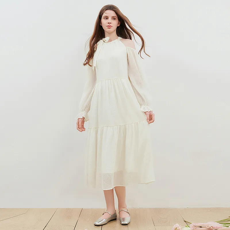LEDIN Long Sleeved Dress Women's Cream Beige-3