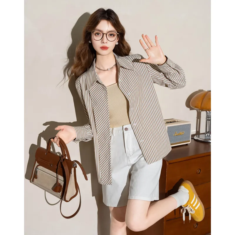 FAWENXIANGZI Shirts Women's Khaki Stripes-6