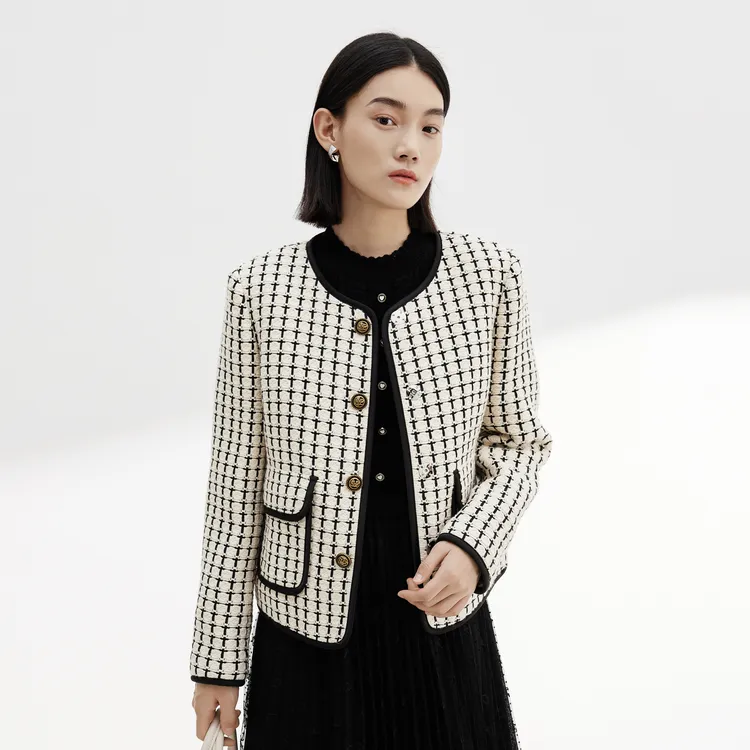 SHUIYUNJIAN Cropped Coats Women's Ivory White Plaid-3