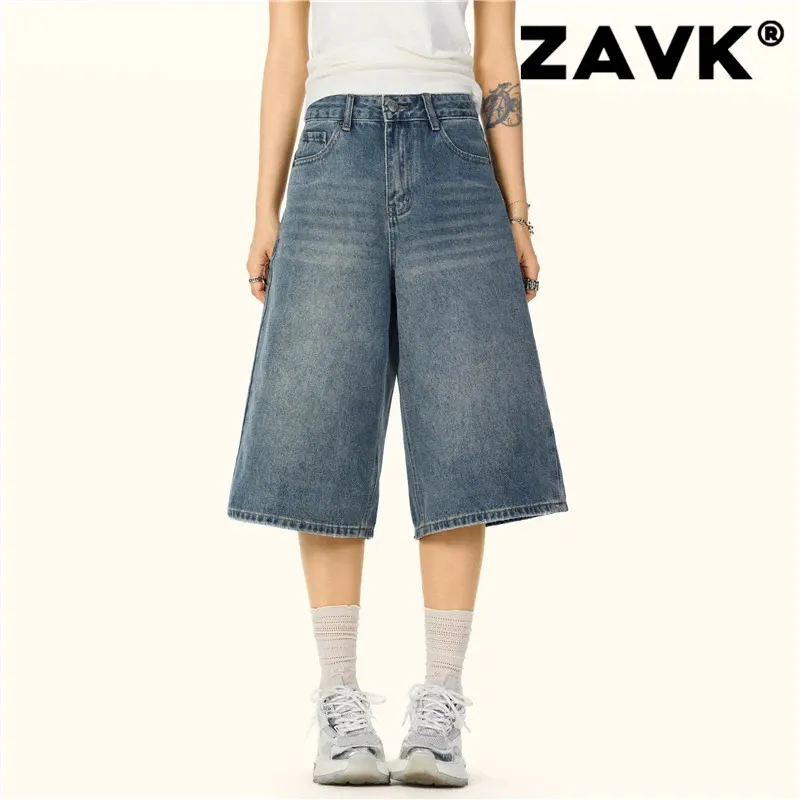 ZAVK Denim Shorts Women's Vintage Blue Calf Length-1