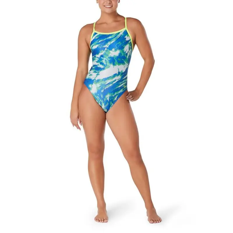 Speedo Cyclone Swirl Flyback One piece Swimsuit Women's Blue Green-3