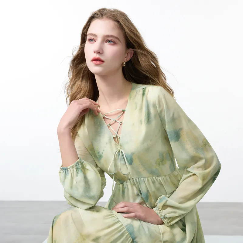 3COLOUR Long Sleeved Dress Women's Green Beige Floral-4