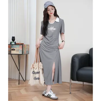 FAWENXIANGZI Short Sleeved Dress Cinched Waist Women's Light Gray
