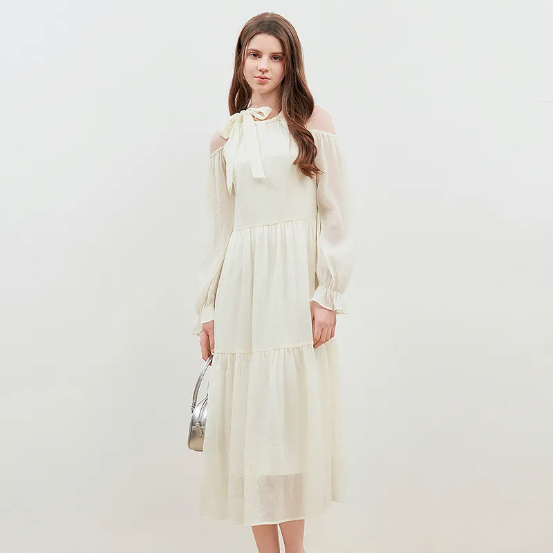 LEDIN Long Sleeved Dress Women's Cream Beige-5