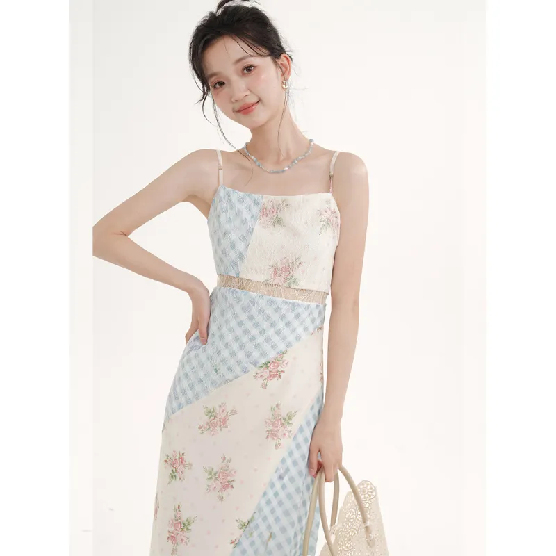 TOUCH MISS Slip Dress Women's Blue And White Plaid Floral-3
