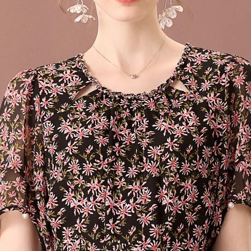 FENHONGMALI Summer Short Sleeved Dress Cinched Waist Women's Black-5