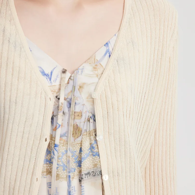 ELLE French Minimalist Style Lightweight V Neck Knitted Fabric Cardigan Women's-5